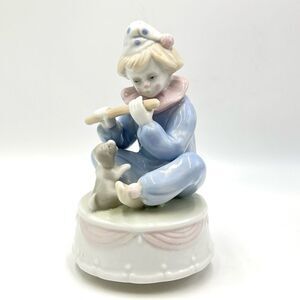 Vintage Porcelain‎ Pastel Clown Boy Playing Flute To Puppy Dog Musical Music Box